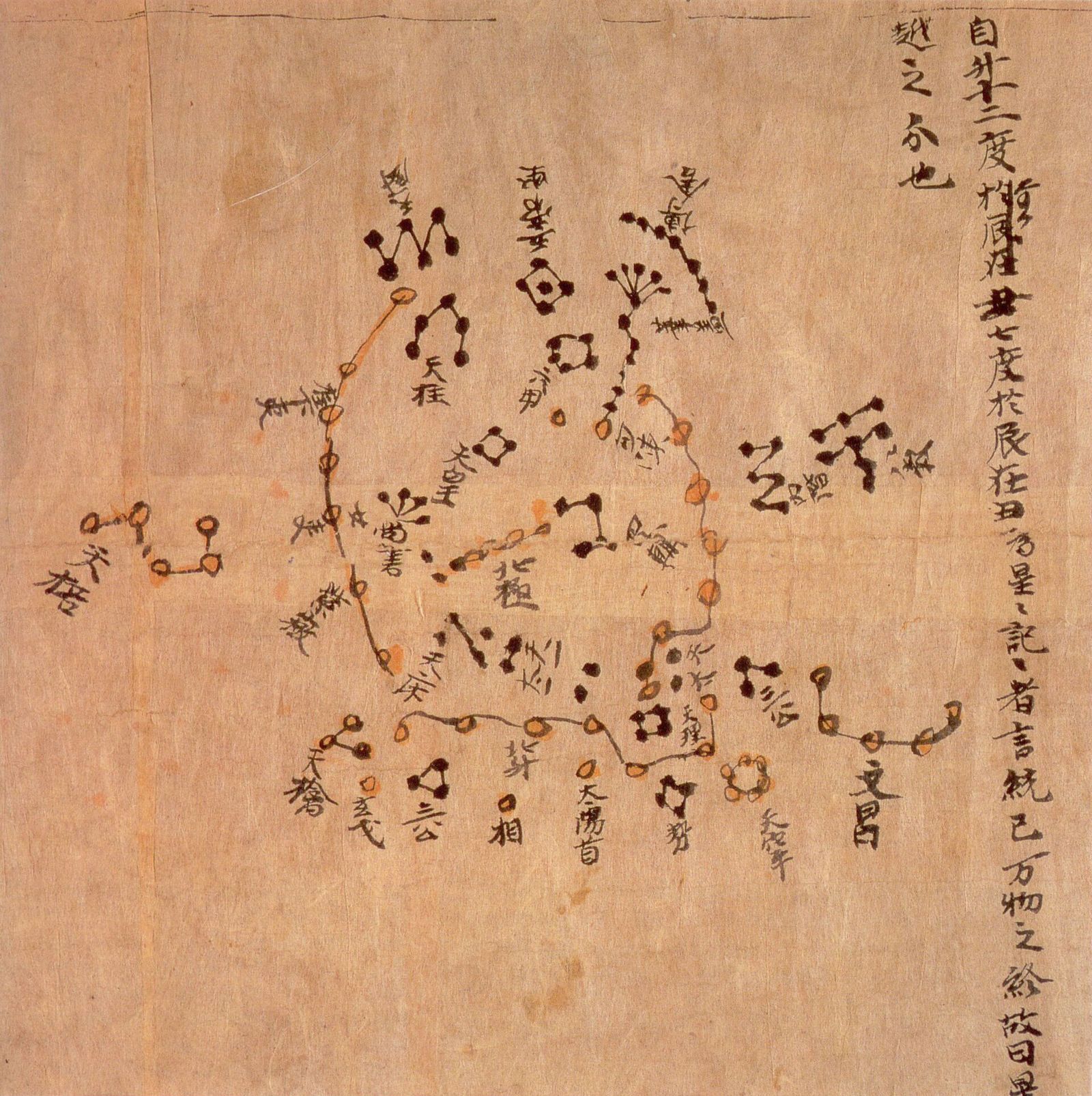 敦煌星图局部：手绘的星官与连线，右侧竖写说明文字